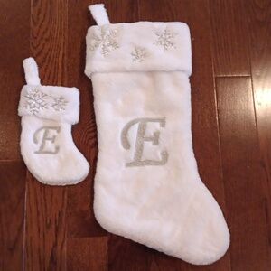 White Faux Fur Christmas Stockings with Silver Snowflakes